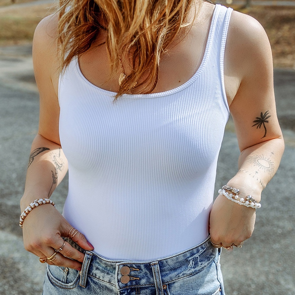 B121 White Ribbed Knit Square Neck Sleeveless Bodysuit